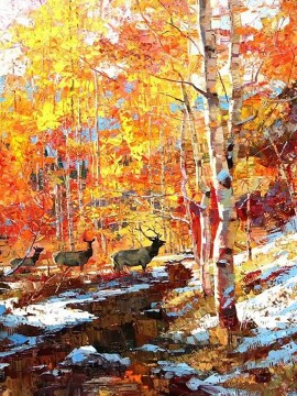 テクスチャード加工 Painting - ナイフで鹿のテクスチャーのある赤黄色の木々 11